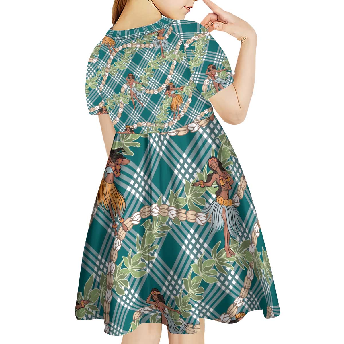 Teal Palaka Hula Girls Seamless Hawaii Aloha Kid Short Sleeve Dress - Polynesian Pride