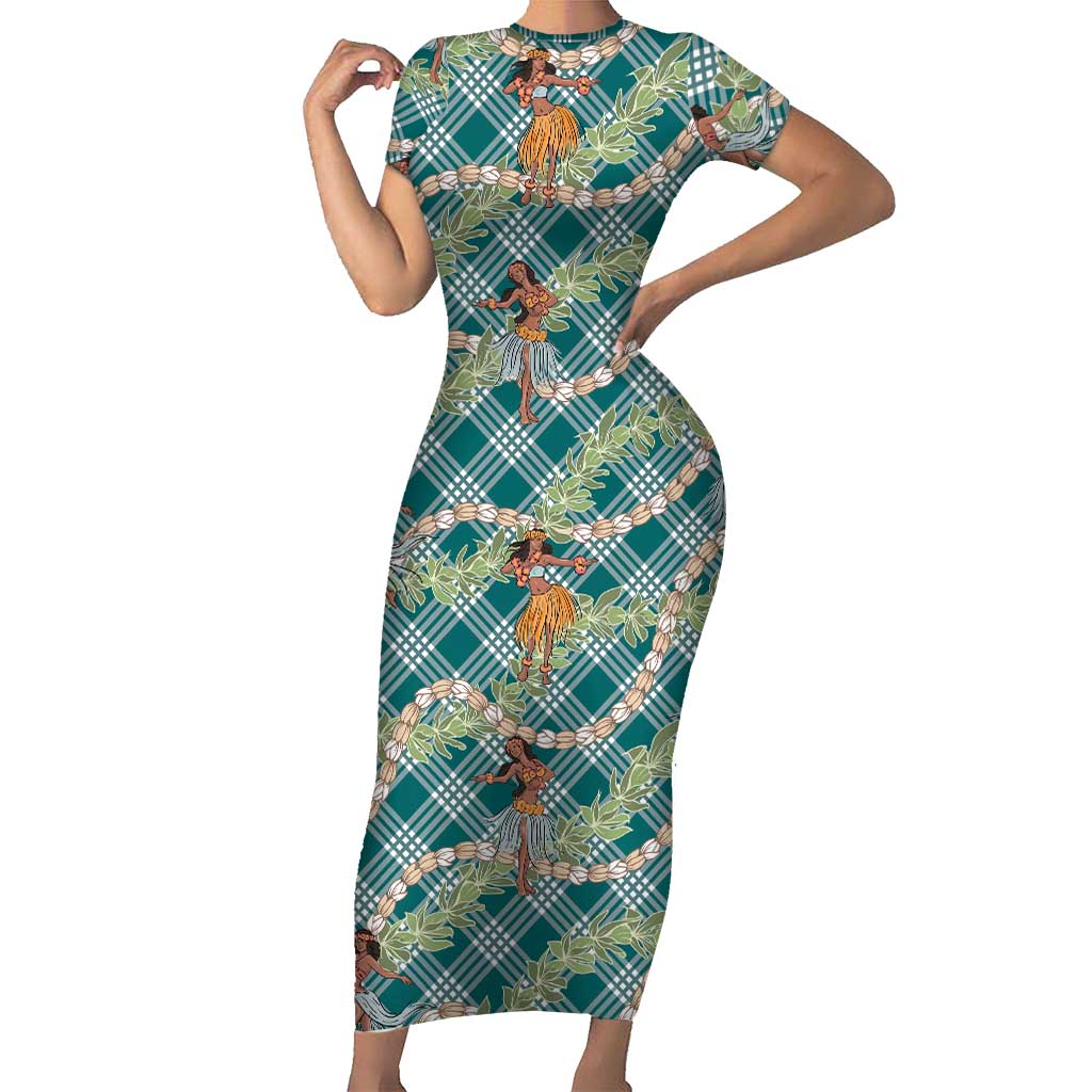 Teal Palaka Hula Girls Seamless Hawaii Aloha Short Sleeve Bodycon Dress - Polynesian Pride