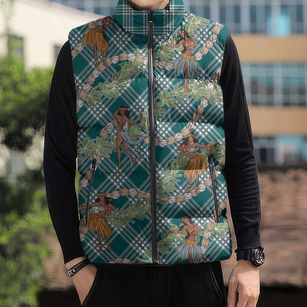 Teal Palaka Hula Girls Seamless Hawaii Aloha Sleeveless Puffer Jacket - Polynesian Pride