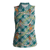 Teal Palaka Hula Girls Seamless Hawaii Aloha Women Sleeveless Polo Shirt LT7 Female Teal - Polynesian Pride