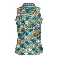 Teal Palaka Hula Girls Seamless Hawaii Aloha Women Sleeveless Polo Shirt LT7 - Polynesian Pride
