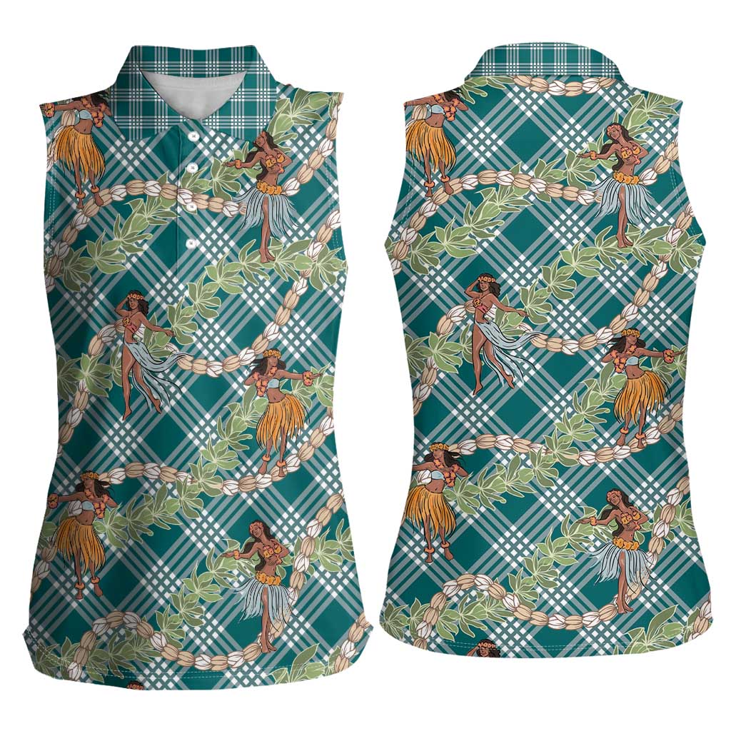 Teal Palaka Hula Girls Seamless Hawaii Aloha Women Sleeveless Polo Shirt LT7 - Polynesian Pride