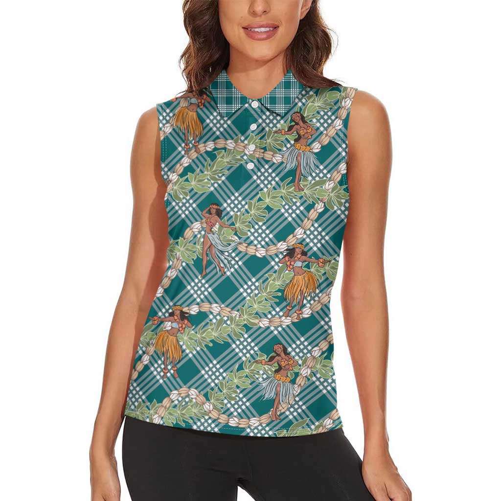 Teal Palaka Hula Girls Seamless Hawaii Aloha Women Sleeveless Polo Shirt LT7 - Polynesian Pride