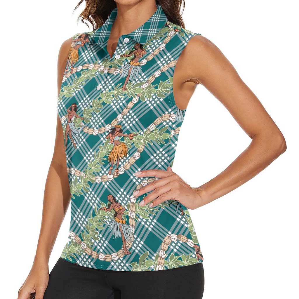 Teal Palaka Hula Girls Seamless Hawaii Aloha Women Sleeveless Polo Shirt LT7 - Polynesian Pride