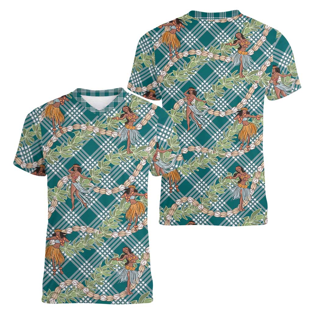 Teal Palaka Hula Girls Seamless Hawaii Aloha Women V-Neck T-Shirt LT7 - Polynesian Pride