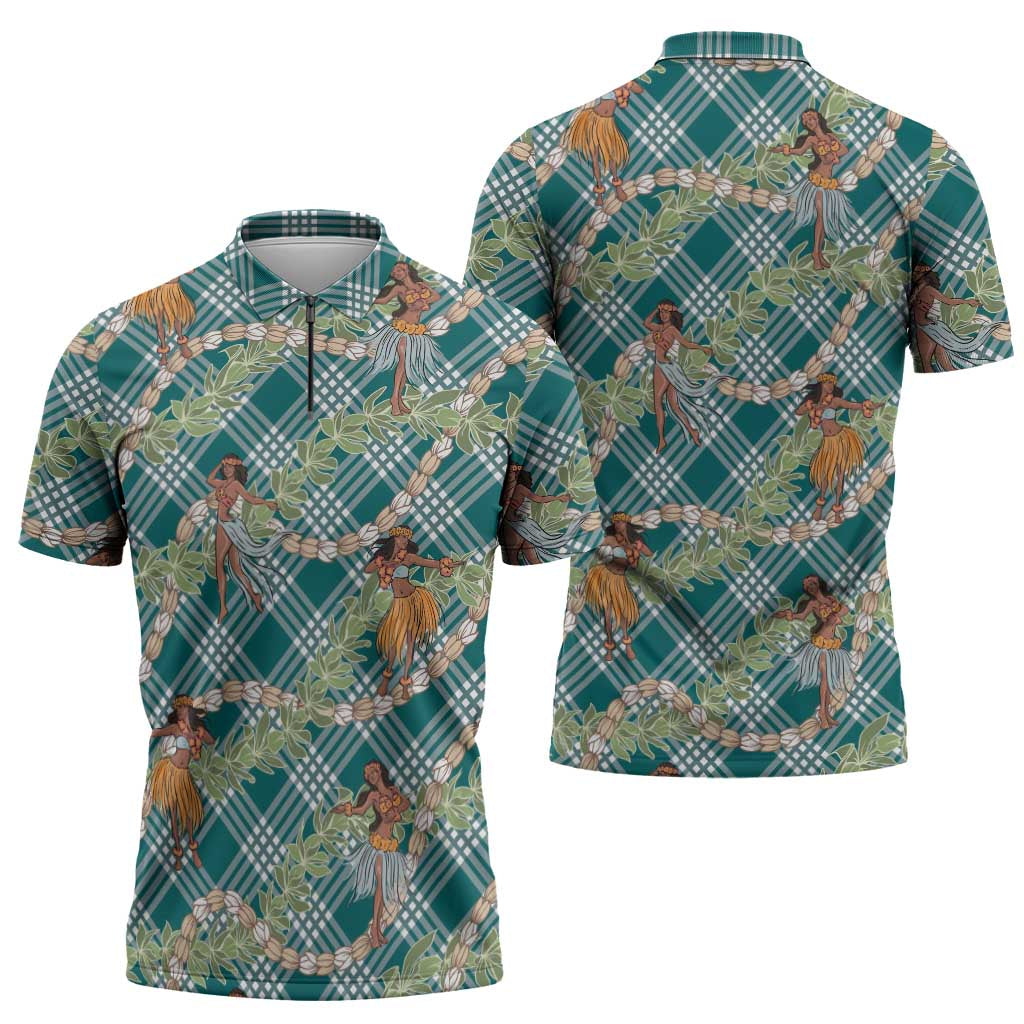 Teal Palaka Hula Girls Seamless Hawaii Aloha Zipper Polo Shirt - Polynesian Pride