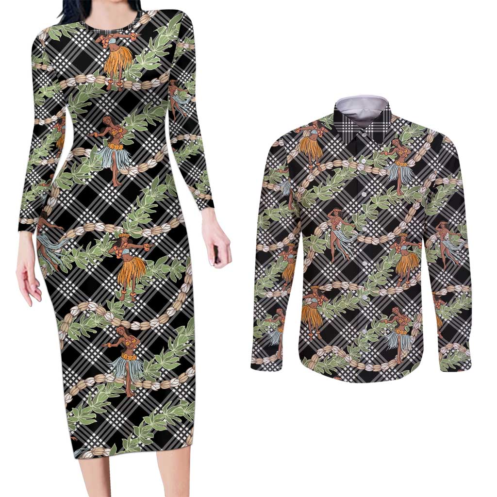 Sable Palaka Hula Girls Seamless Hawaii Aloha Couples Matching Long Sleeve Bodycon Dress and Long Sleeve Button Shirt LT7 Black - Polynesian Pride