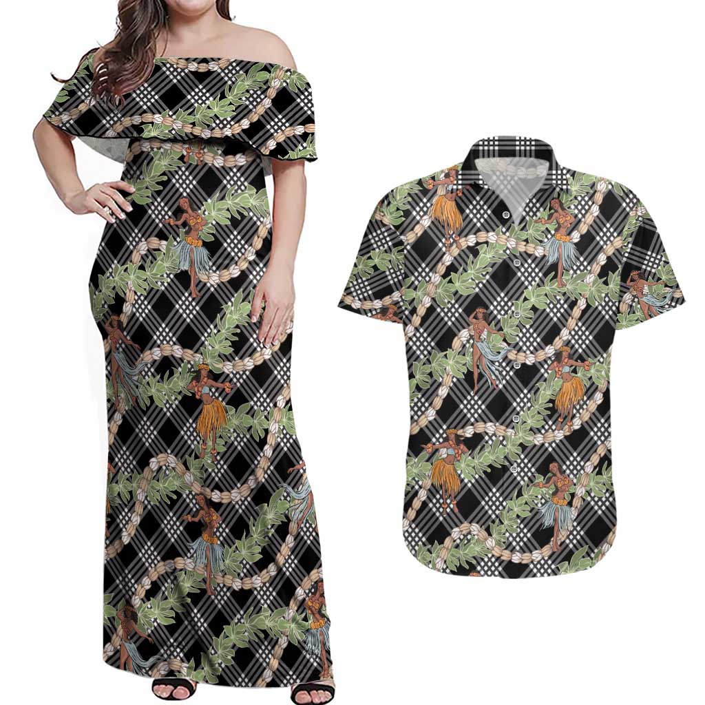 Sable Palaka Hula Girls Seamless Hawaii Aloha Couples Matching Off Shoulder Maxi Dress and Hawaiian Shirt LT7 Black - Polynesian Pride