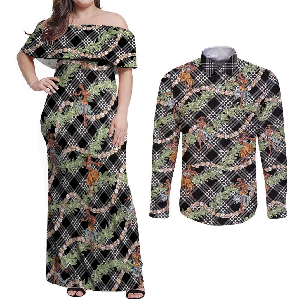 Sable Palaka Hula Girls Seamless Hawaii Aloha Couples Matching Off Shoulder Maxi Dress and Long Sleeve Button Shirt LT7 Black - Polynesian Pride