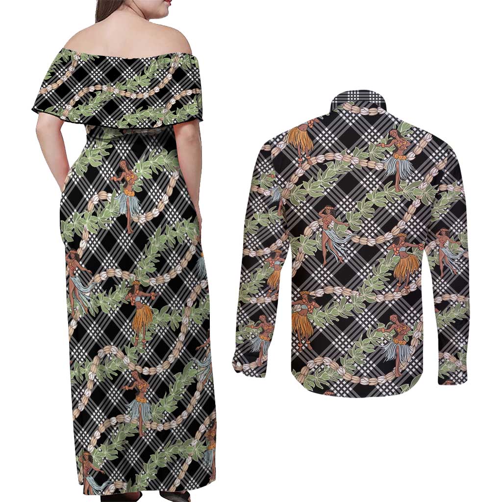 Sable Palaka Hula Girls Seamless Hawaii Aloha Couples Matching Off Shoulder Maxi Dress and Long Sleeve Button Shirt LT7 - Polynesian Pride
