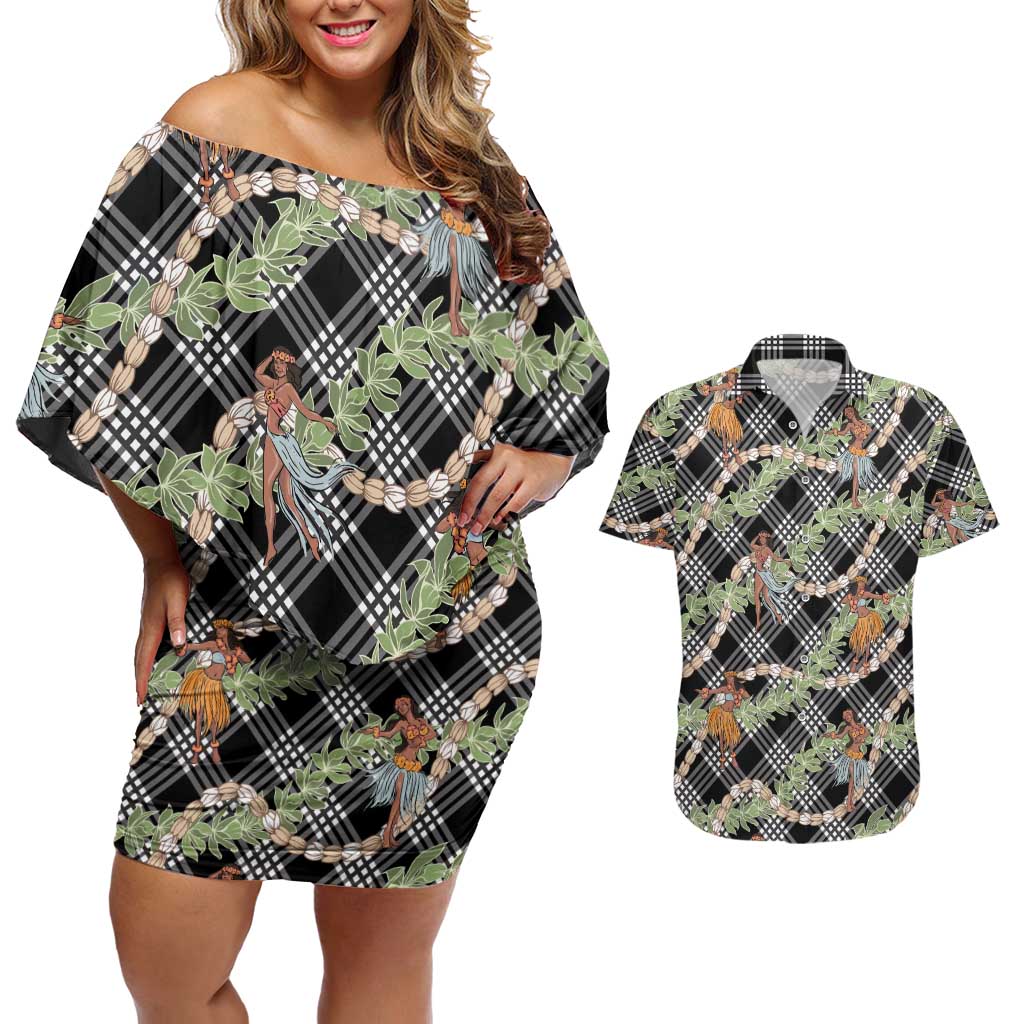 Sable Palaka Hula Girls Seamless Hawaii Aloha Couples Matching Off Shoulder Short Dress and Hawaiian Shirt LT7 Black - Polynesian Pride