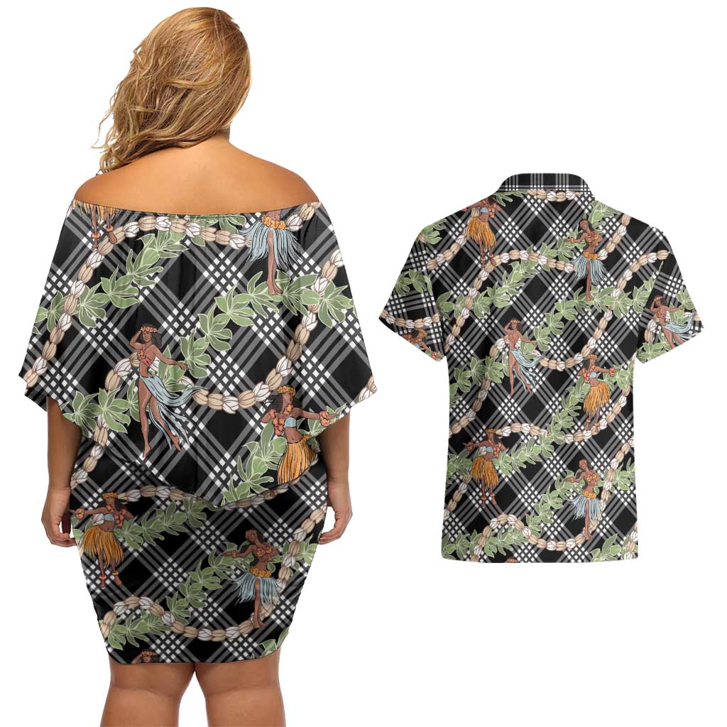 Sable Palaka Hula Girls Seamless Hawaii Aloha Couples Matching Off Shoulder Short Dress and Hawaiian Shirt LT7 - Polynesian Pride