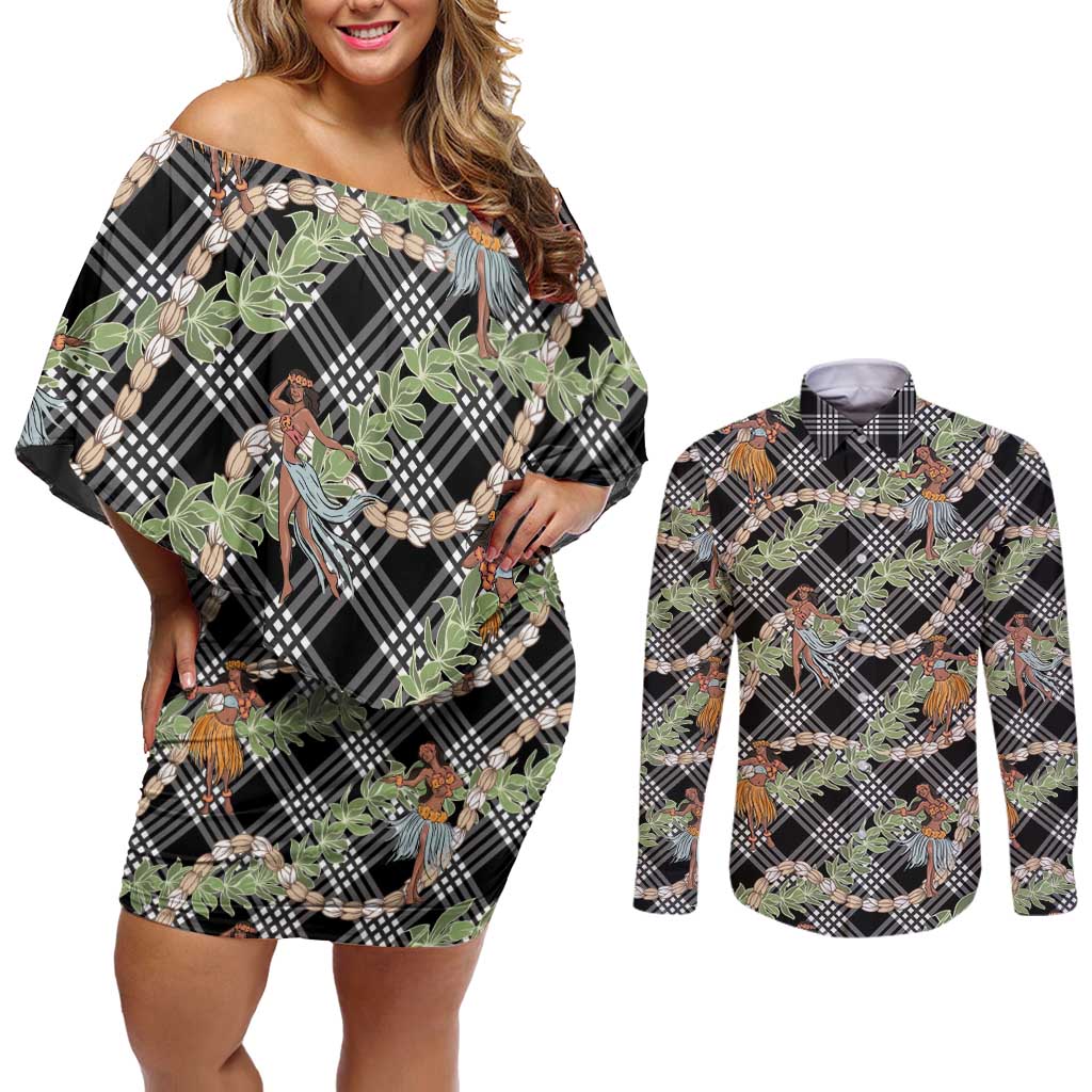 Sable Palaka Hula Girls Seamless Hawaii Aloha Couples Matching Off Shoulder Short Dress and Long Sleeve Button Shirt LT7 Black - Polynesian Pride
