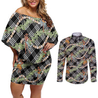 Sable Palaka Hula Girls Seamless Hawaii Aloha Couples Matching Off Shoulder Short Dress and Long Sleeve Button Shirt LT7 Black - Polynesian Pride