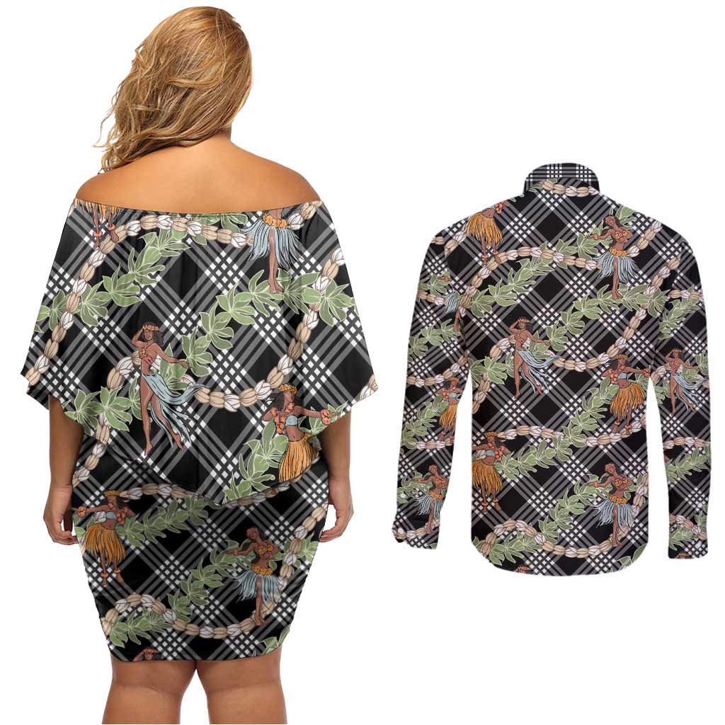 Sable Palaka Hula Girls Seamless Hawaii Aloha Couples Matching Off Shoulder Short Dress and Long Sleeve Button Shirt LT7 - Polynesian Pride