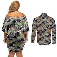 Sable Palaka Hula Girls Seamless Hawaii Aloha Couples Matching Off Shoulder Short Dress and Long Sleeve Button Shirt LT7 - Polynesian Pride