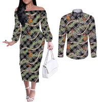 Sable Palaka Hula Girls Seamless Hawaii Aloha Couples Matching Off The Shoulder Long Sleeve Dress and Long Sleeve Button Shirt LT7 Black - Polynesian Pride