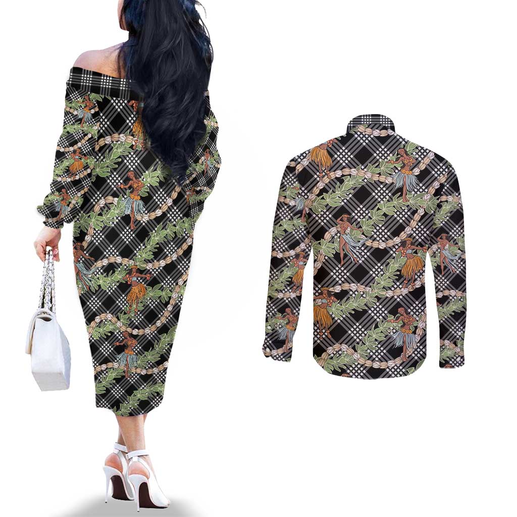 Sable Palaka Hula Girls Seamless Hawaii Aloha Couples Matching Off The Shoulder Long Sleeve Dress and Long Sleeve Button Shirt LT7 - Polynesian Pride