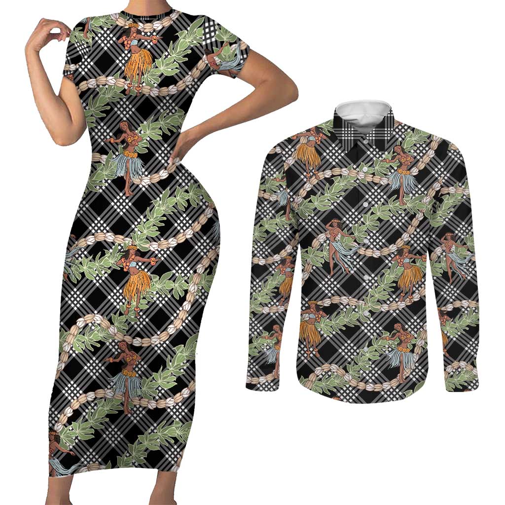 Sable Palaka Hula Girls Seamless Hawaii Aloha Couples Matching Short Sleeve Bodycon Dress and Long Sleeve Button Shirt LT7 Black - Polynesian Pride