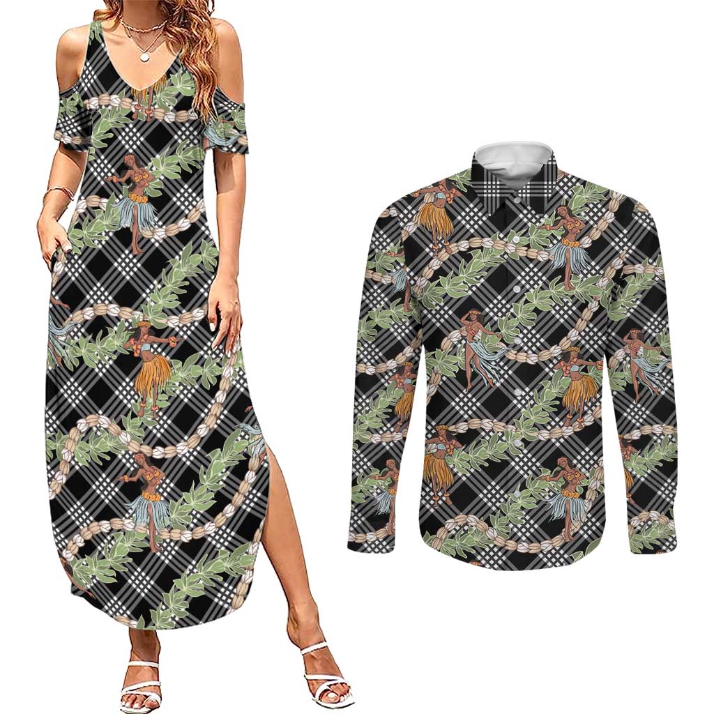 Sable Palaka Hula Girls Seamless Hawaii Aloha Couples Matching Summer Maxi Dress and Long Sleeve Button Shirt LT7 Black - Polynesian Pride