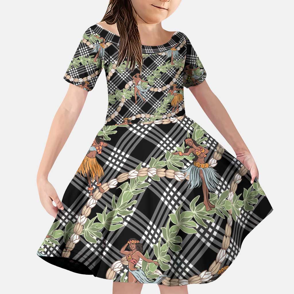 Sable Palaka Hula Girls Seamless Hawaii Aloha Family Matching Off The Shoulder Long Sleeve Dress and Hawaiian Shirt LT7 Daughter's Dress Black - Polynesian Pride