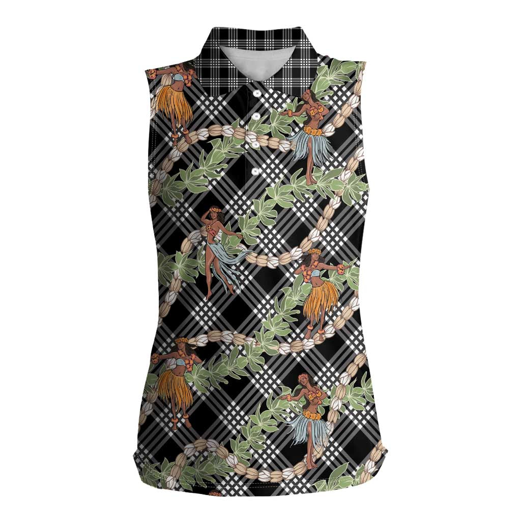 Sable Palaka Hula Girls Seamless Hawaii Aloha Women Sleeveless Polo Shirt LT7 Female Black - Polynesian Pride