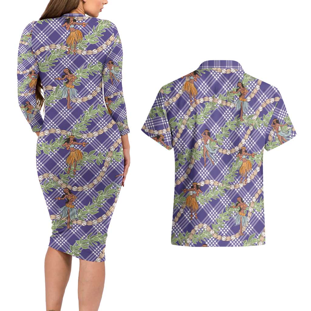 Lavender Palaka Hula Girls Seamless Hawaii Aloha Couples Matching Long Sleeve Bodycon Dress and Hawaiian Shirt LT7 - Polynesian Pride
