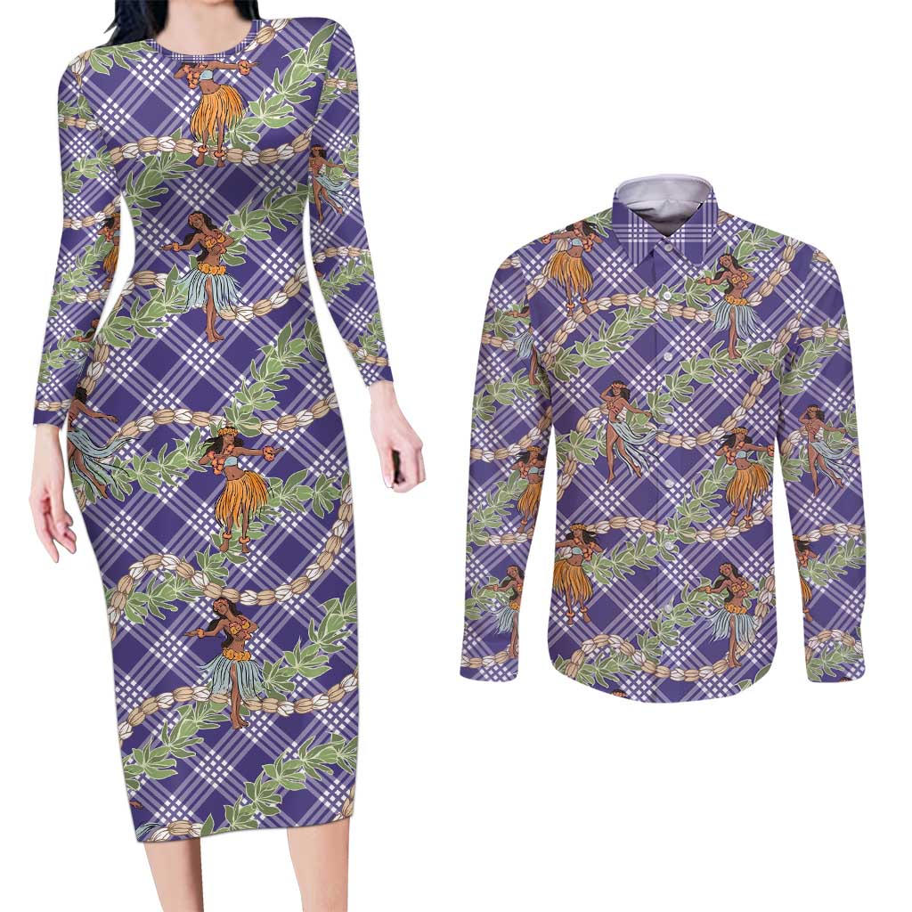 Lavender Palaka Hula Girls Seamless Hawaii Aloha Couples Matching Long Sleeve Bodycon Dress and Long Sleeve Button Shirt LT7 Lavender - Polynesian Pride