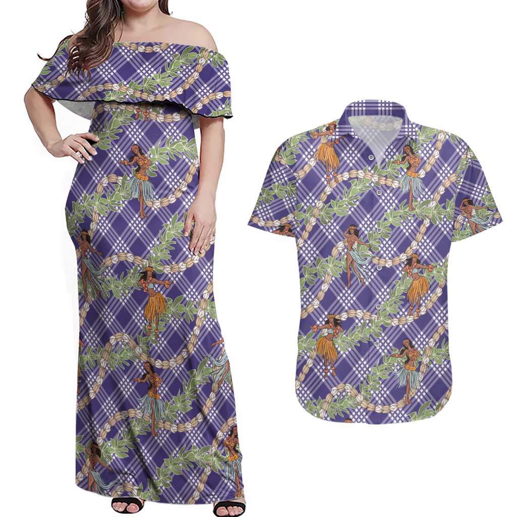 Lavender Palaka Hula Girls Seamless Hawaii Aloha Couples Matching Off Shoulder Maxi Dress and Hawaiian Shirt LT7 Lavender - Polynesian Pride