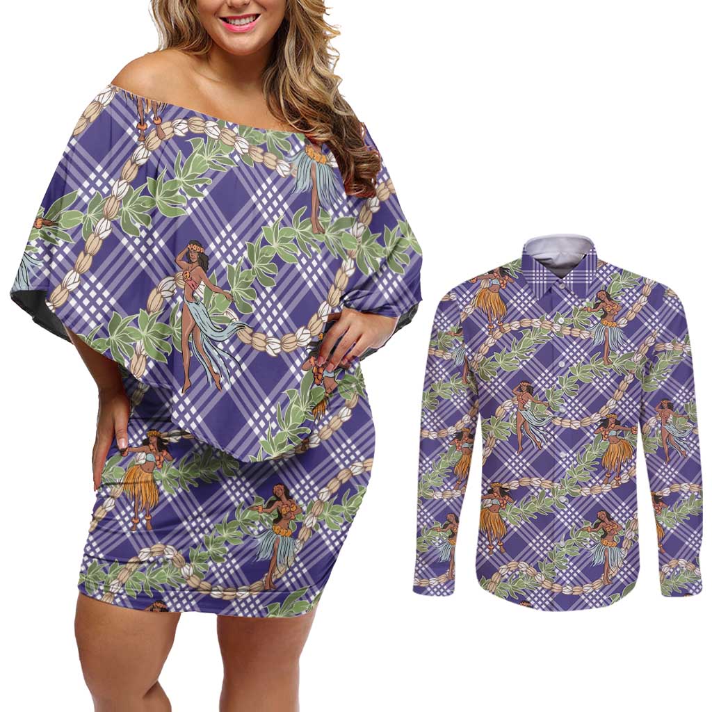 Lavender Palaka Hula Girls Seamless Hawaii Aloha Couples Matching Off Shoulder Short Dress and Long Sleeve Button Shirt LT7 Lavender - Polynesian Pride