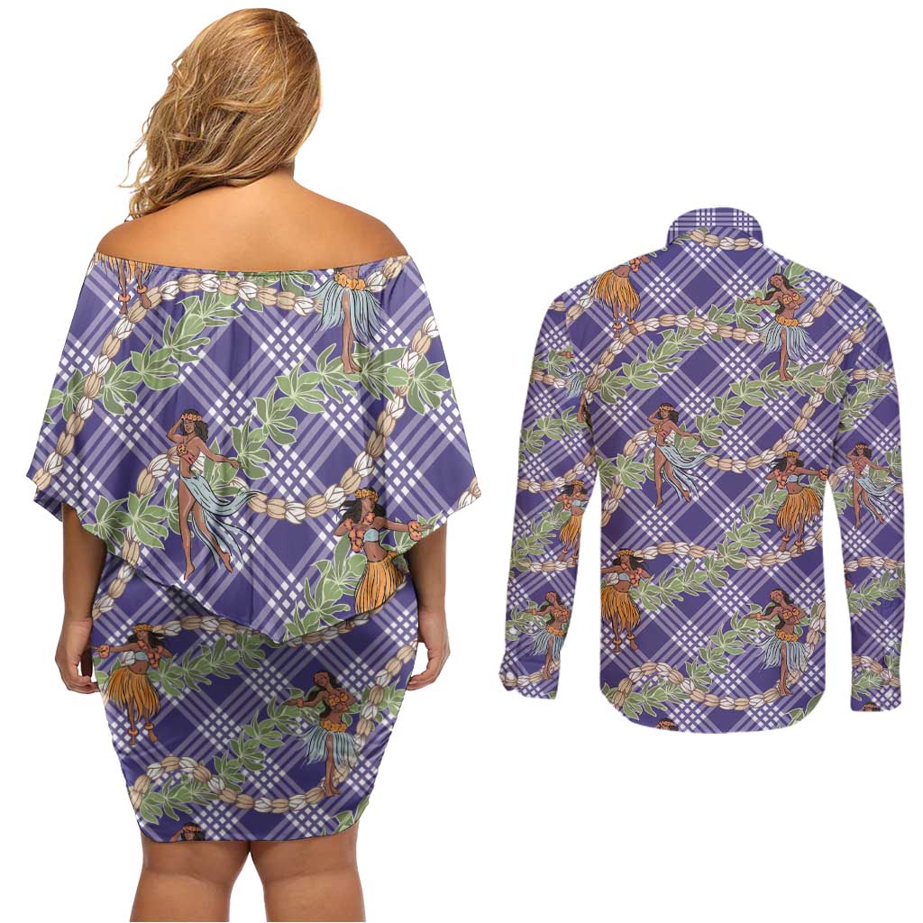 Lavender Palaka Hula Girls Seamless Hawaii Aloha Couples Matching Off Shoulder Short Dress and Long Sleeve Button Shirt LT7 - Polynesian Pride