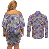 Lavender Palaka Hula Girls Seamless Hawaii Aloha Couples Matching Off Shoulder Short Dress and Long Sleeve Button Shirt LT7 - Polynesian Pride
