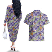 Lavender Palaka Hula Girls Seamless Hawaii Aloha Couples Matching Off The Shoulder Long Sleeve Dress and Hawaiian Shirt LT7 - Polynesian Pride