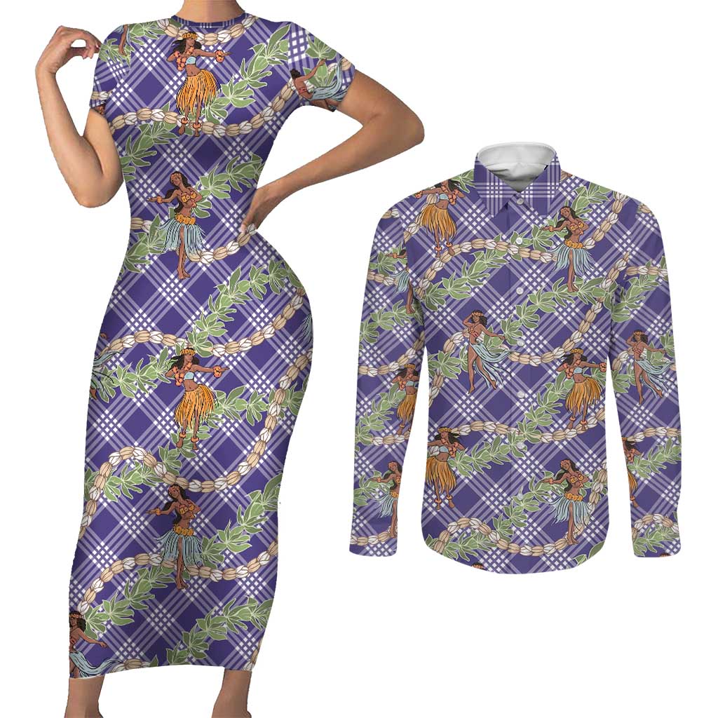 Lavender Palaka Hula Girls Seamless Hawaii Aloha Couples Matching Short Sleeve Bodycon Dress and Long Sleeve Button Shirt LT7 Lavender - Polynesian Pride