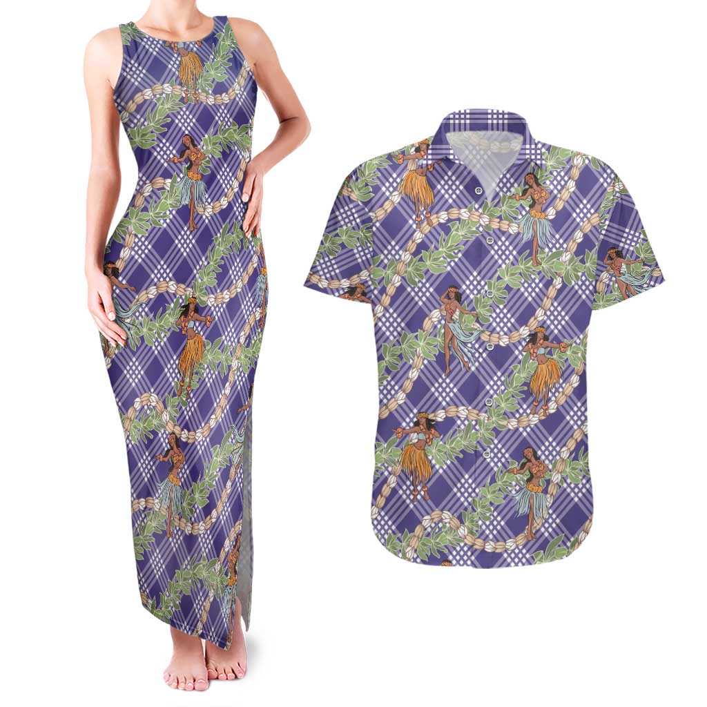Lavender Palaka Hula Girls Seamless Hawaii Aloha Couples Matching Tank Maxi Dress and Hawaiian Shirt - Polynesian Pride
