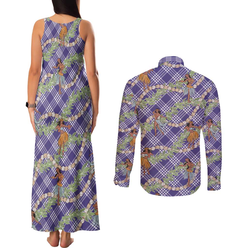 Lavender Palaka Hula Girls Seamless Hawaii Aloha Couples Matching Tank Maxi Dress and Long Sleeve Button Shirt LT7 - Polynesian Pride