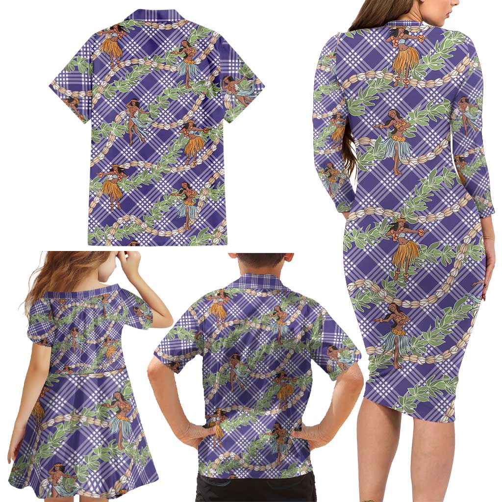 Lavender Palaka Hula Girls Seamless Hawaii Aloha Family Matching Long Sleeve Bodycon Dress and Hawaiian Shirt LT7 - Polynesian Pride
