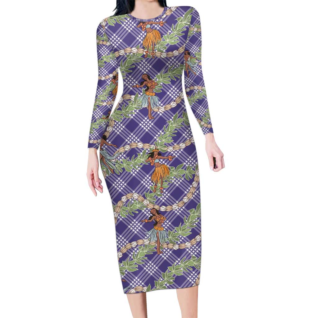 Lavender Palaka Hula Girls Seamless Hawaii Aloha Family Matching Long Sleeve Bodycon Dress and Hawaiian Shirt LT7 Mom's Dress Lavender - Polynesian Pride