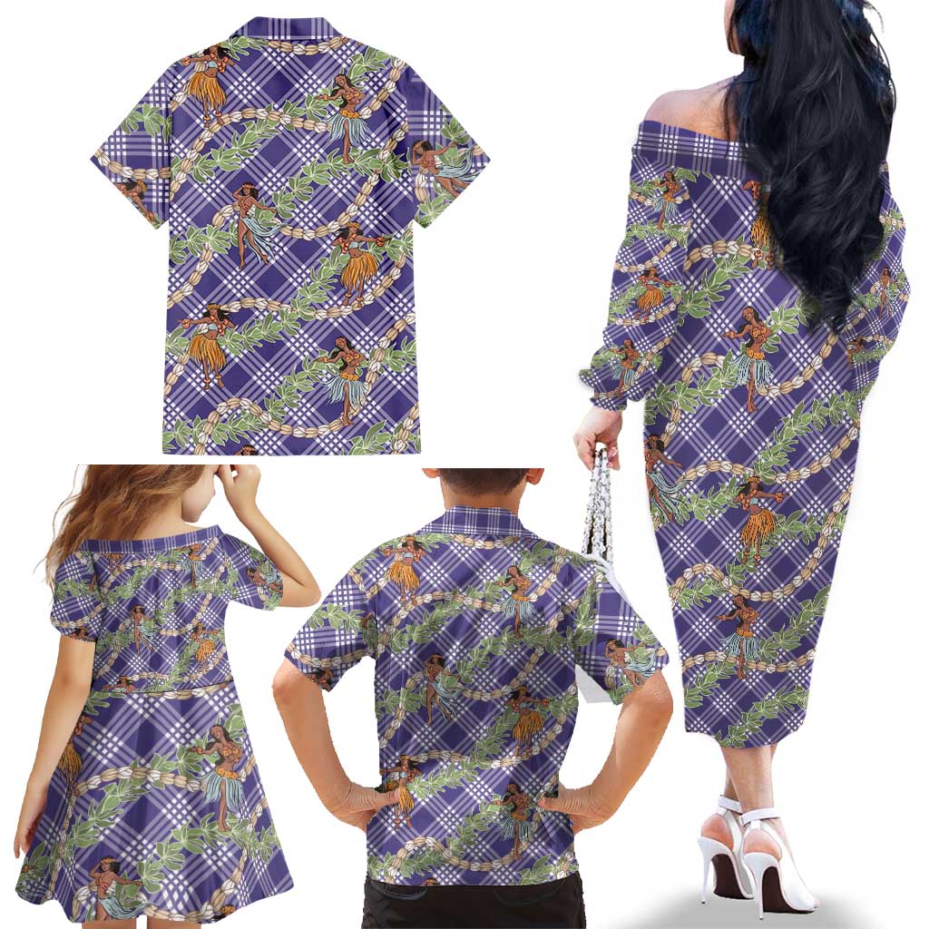Lavender Palaka Hula Girls Seamless Hawaii Aloha Family Matching Off The Shoulder Long Sleeve Dress and Hawaiian Shirt LT7 - Polynesian Pride