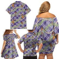 Lavender Palaka Hula Girls Seamless Hawaii Aloha Family Matching Off Shoulder Short Dress and Hawaiian Shirt LT7 - Polynesian Pride