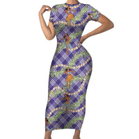 Lavender Palaka Hula Girls Seamless Hawaii Aloha Family Matching Short Sleeve Bodycon Dress and Hawaiian Shirt LT7 Mom's Dress Lavender - Polynesian Pride