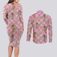 Lokelani Pink Palaka Hula Girls Seamless Hawaii Aloha Couples Matching Long Sleeve Bodycon Dress and Long Sleeve Button Shirt LT7 - Polynesian Pride