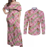 Lokelani Pink Palaka Hula Girls Seamless Hawaii Aloha Couples Matching Off Shoulder Maxi Dress and Long Sleeve Button Shirt LT7 Pink - Polynesian Pride