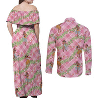 Lokelani Pink Palaka Hula Girls Seamless Hawaii Aloha Couples Matching Off Shoulder Maxi Dress and Long Sleeve Button Shirt LT7 - Polynesian Pride
