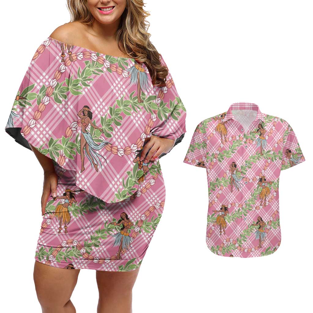 Lokelani Pink Palaka Hula Girls Seamless Hawaii Aloha Couples Matching Off Shoulder Short Dress and Hawaiian Shirt LT7 Pink - Polynesian Pride