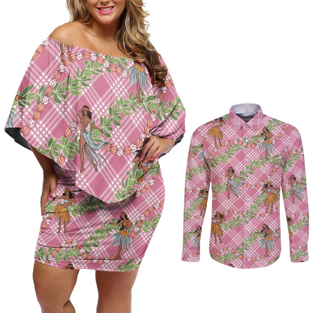 Lokelani Pink Palaka Hula Girls Seamless Hawaii Aloha Couples Matching Off Shoulder Short Dress and Long Sleeve Button Shirt LT7 Pink - Polynesian Pride