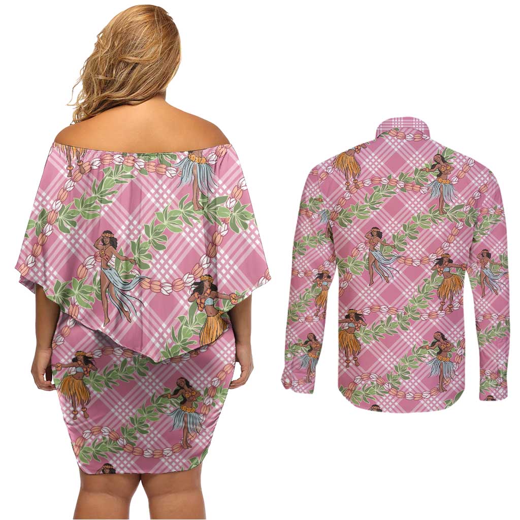 Lokelani Pink Palaka Hula Girls Seamless Hawaii Aloha Couples Matching Off Shoulder Short Dress and Long Sleeve Button Shirt LT7 - Polynesian Pride