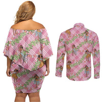 Lokelani Pink Palaka Hula Girls Seamless Hawaii Aloha Couples Matching Off Shoulder Short Dress and Long Sleeve Button Shirt LT7 - Polynesian Pride