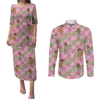Lokelani Pink Palaka Hula Girls Seamless Hawaii Aloha Couples Matching Puletasi and Long Sleeve Button Shirt LT7 Pink - Polynesian Pride