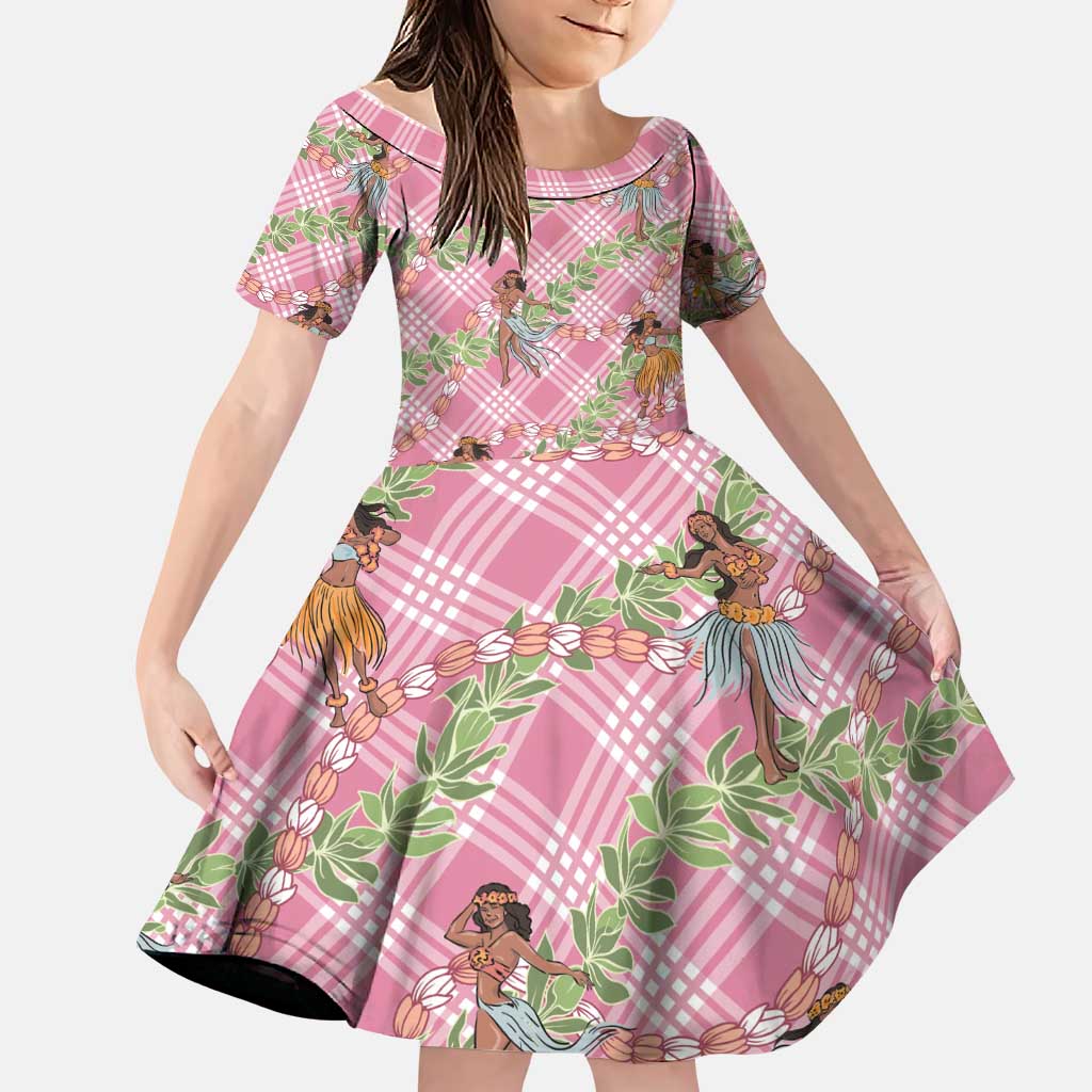 Lokelani Pink Palaka Hula Girls Seamless Hawaii Aloha Family Matching Off The Shoulder Long Sleeve Dress and Hawaiian Shirt LT7 Daughter's Dress Pink - Polynesian Pride